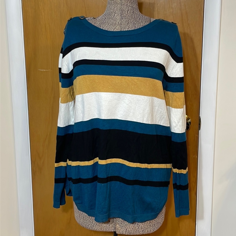 Emaline Womens XL Striped Sweater with Button Accents Crew Neck